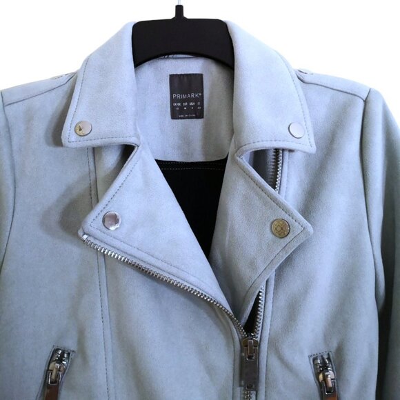 Primark Microfiber Moto Jacket With Belt And Silver Details Powder Blue Size 8 - Picture 3 of 6